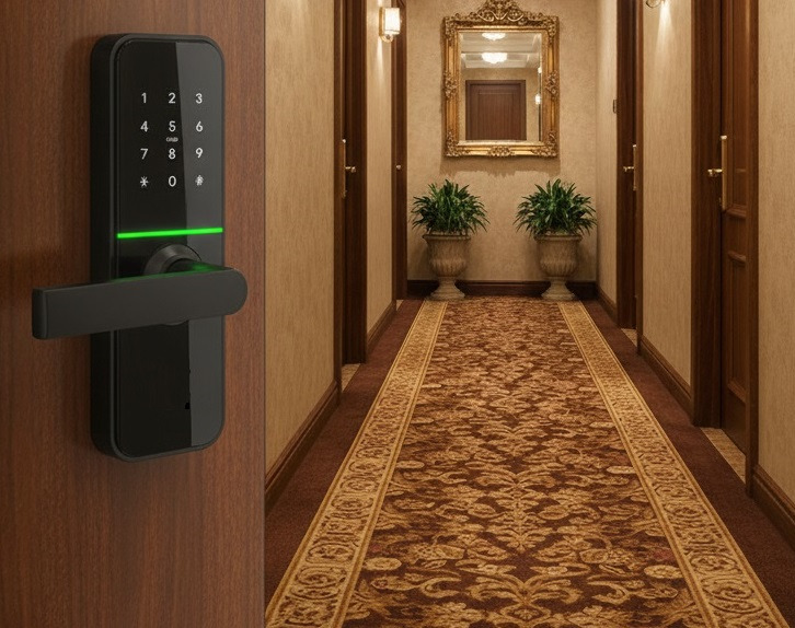 Create an 8K, hyperrealistic hero image for "Zamek elektroniczny". The image should feature a modern, minimalist apartment entrance with a sleek, keyless electronic lock prominently displayed. Soft, diffused natural light should illuminate the scene, highlighting the brushed metal texture of the lock and the warm wood tones of the door. The composition should be slightly angled, drawing the viewer's eye to the lock as the focal point. In the background, subtly suggest a high-end hotel lobby or a contemporary office space, hinting at the various applications. The color palette should be neutral with accents of silver and warm wood tones. The overall feeling should be secure, modern, and inviting, conveying the ease and sophistication of electronic access control. This should be a photorealistic render, almost indistinguishable from a real photograph. Include subtle details such as fingerprints on the metallic surface and slight reflections to enhance realism.