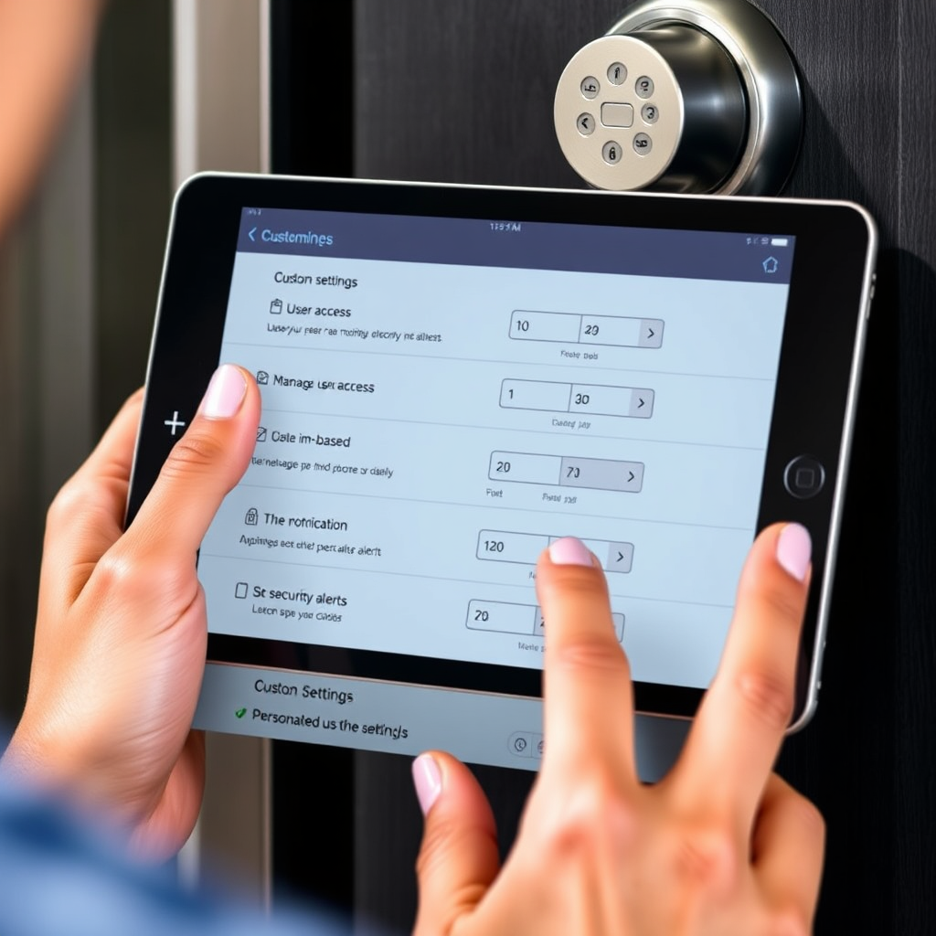 A close-up of a user customizing settings on an electronic lock via a tablet. The tablet interface shows options for managing user access, setting time-based permissions, and configuring security alerts. Highlighting personalized settings and user control.