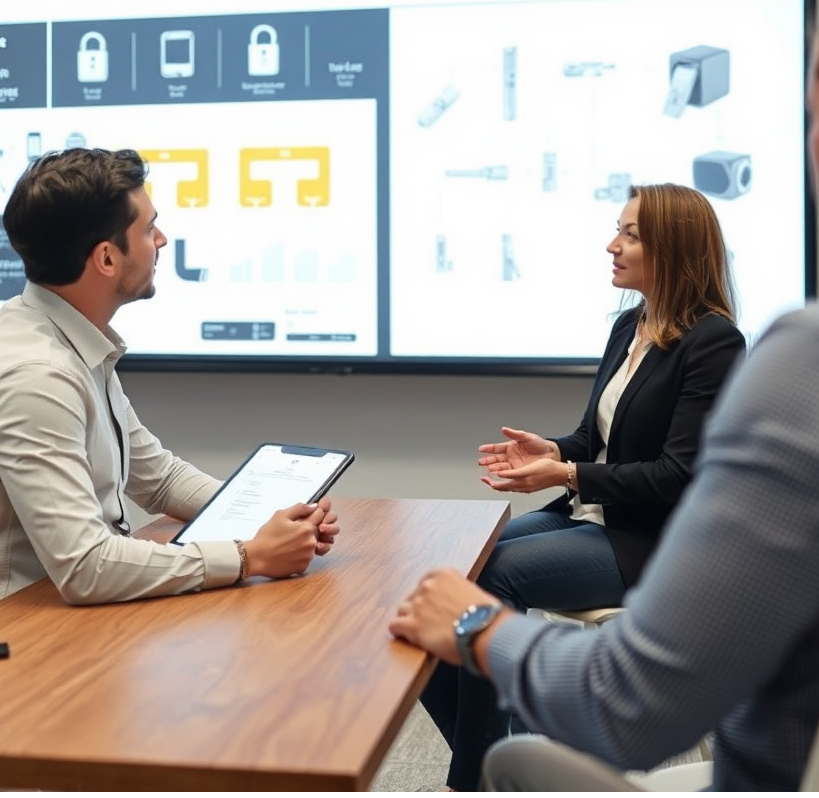 A consultant meeting with a client in a modern office setting. They are discussing different types of electronic locks and security systems. The background shows a presentation screen with diagrams and information.