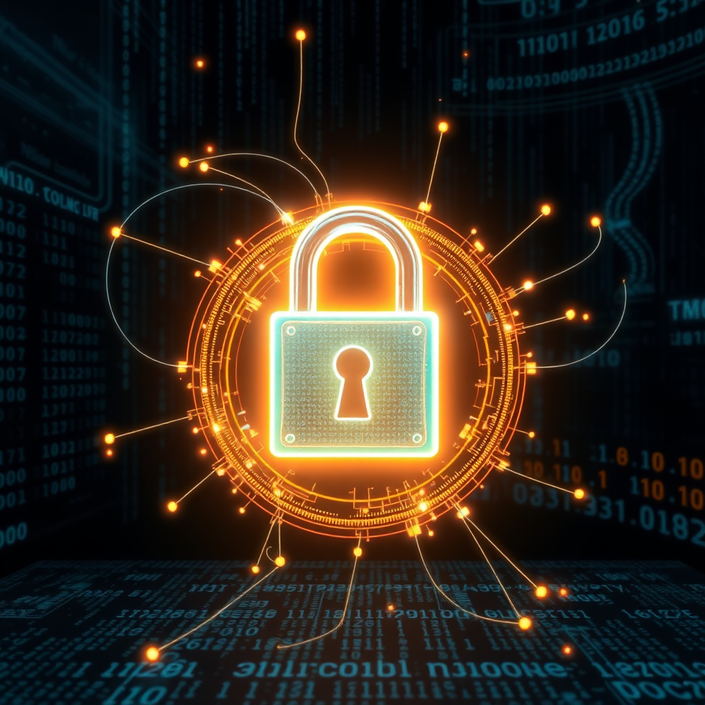 A futuristic, abstract image representing the evolution of security systems. The image features a glowing electronic lock surrounded by swirling digital code. The background is a dark, high-tech environment. Conveying innovation and the future of security technology.