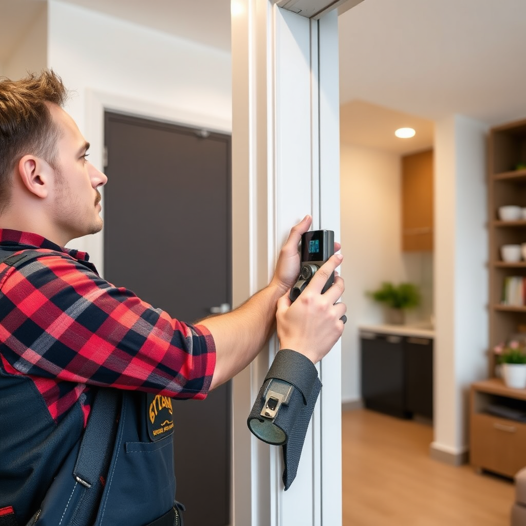 A professional electrician installing an electronic lock on a door in a modern apartment. He is using specialized tools, and the focus is on the precise installation process. The background shows a clean and organized workspace.