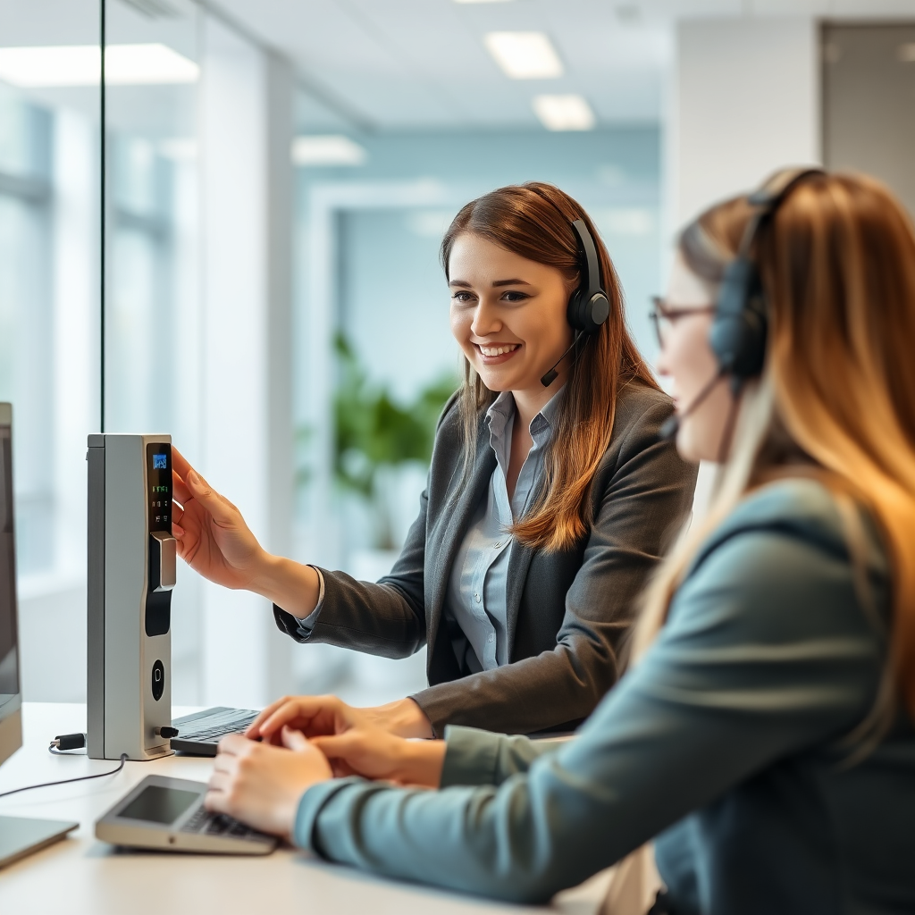 An image of a customer service representative assisting a client over the phone with a problem related to an electronic lock. The setting is a modern, well-lit office. Conveying reliable support and customer service.