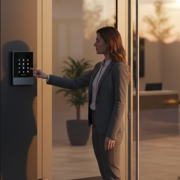  An image illustrating a modern electronic lock system integrated with a security camera. The camera is discreetly positioned above the door. The background is a dark, sophisticated office setting. Highlighting enhanced security and surveillance capabilities.